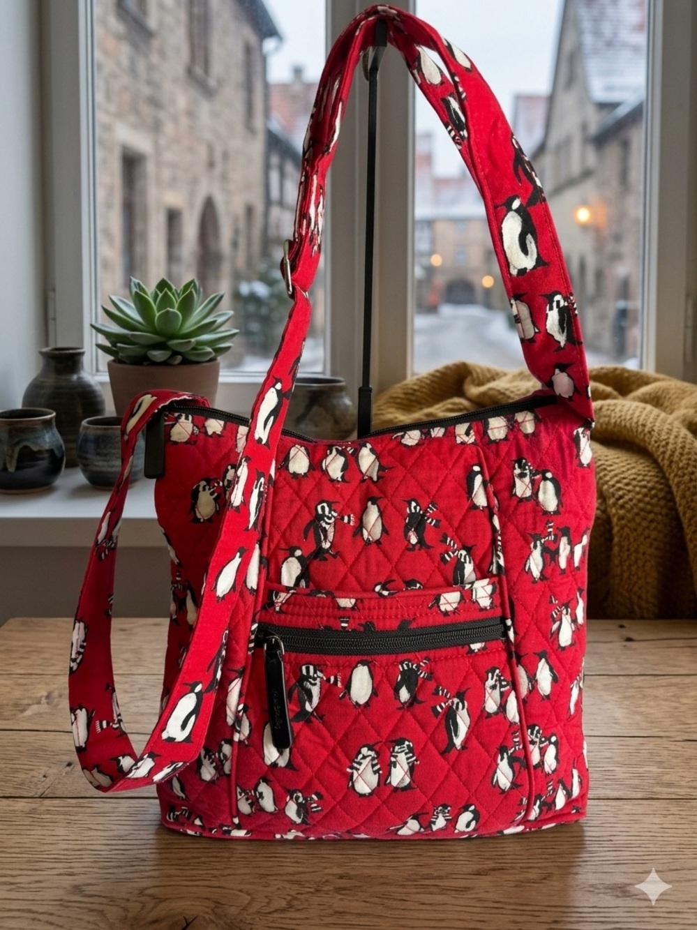 Vera Bradley Retired "Playful Penguins" Red Quilted Crossbody Hipster Bag